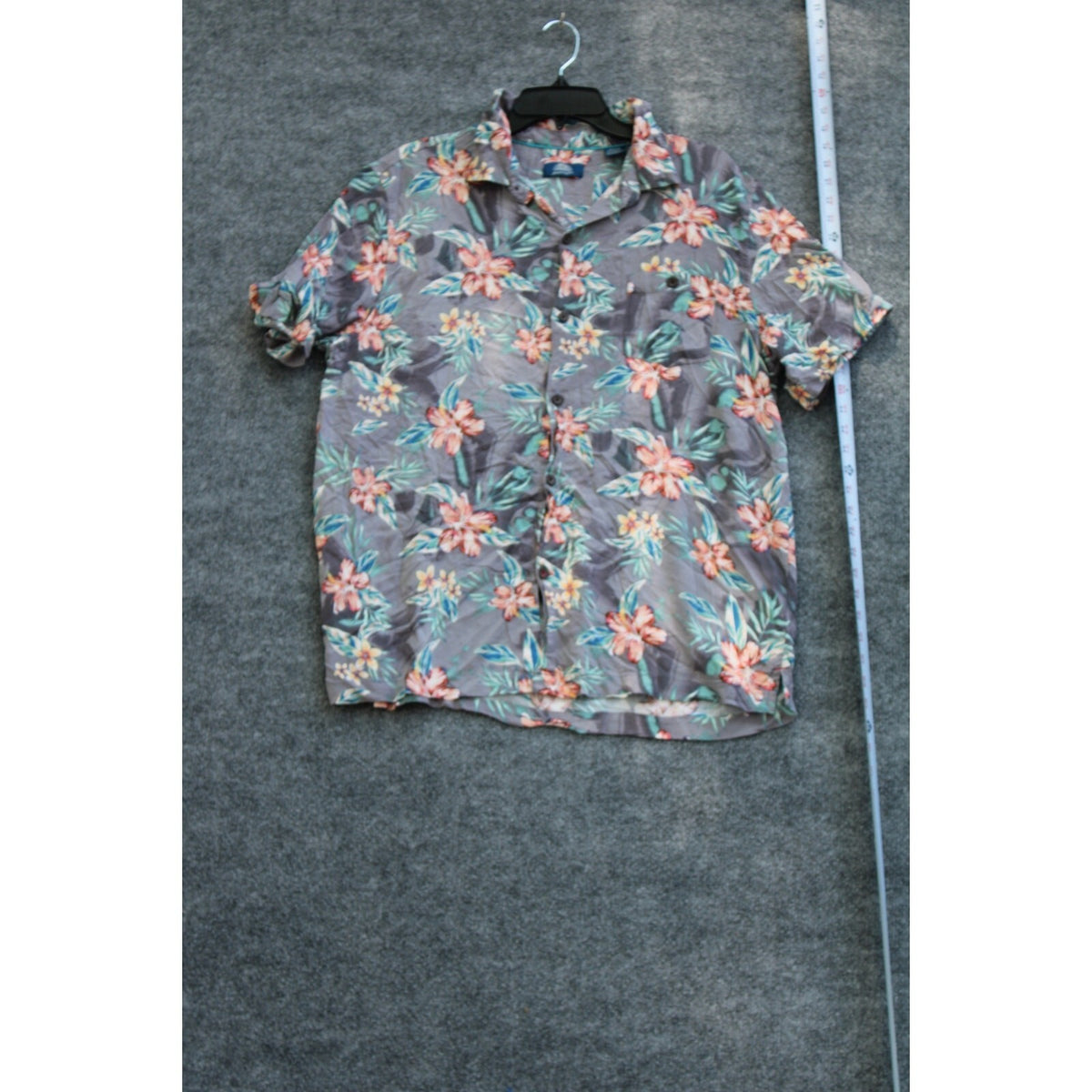 Men's Grey Tropical Hibiscus Floral Print Short Sleeve Hawaiian Button-Up  xl