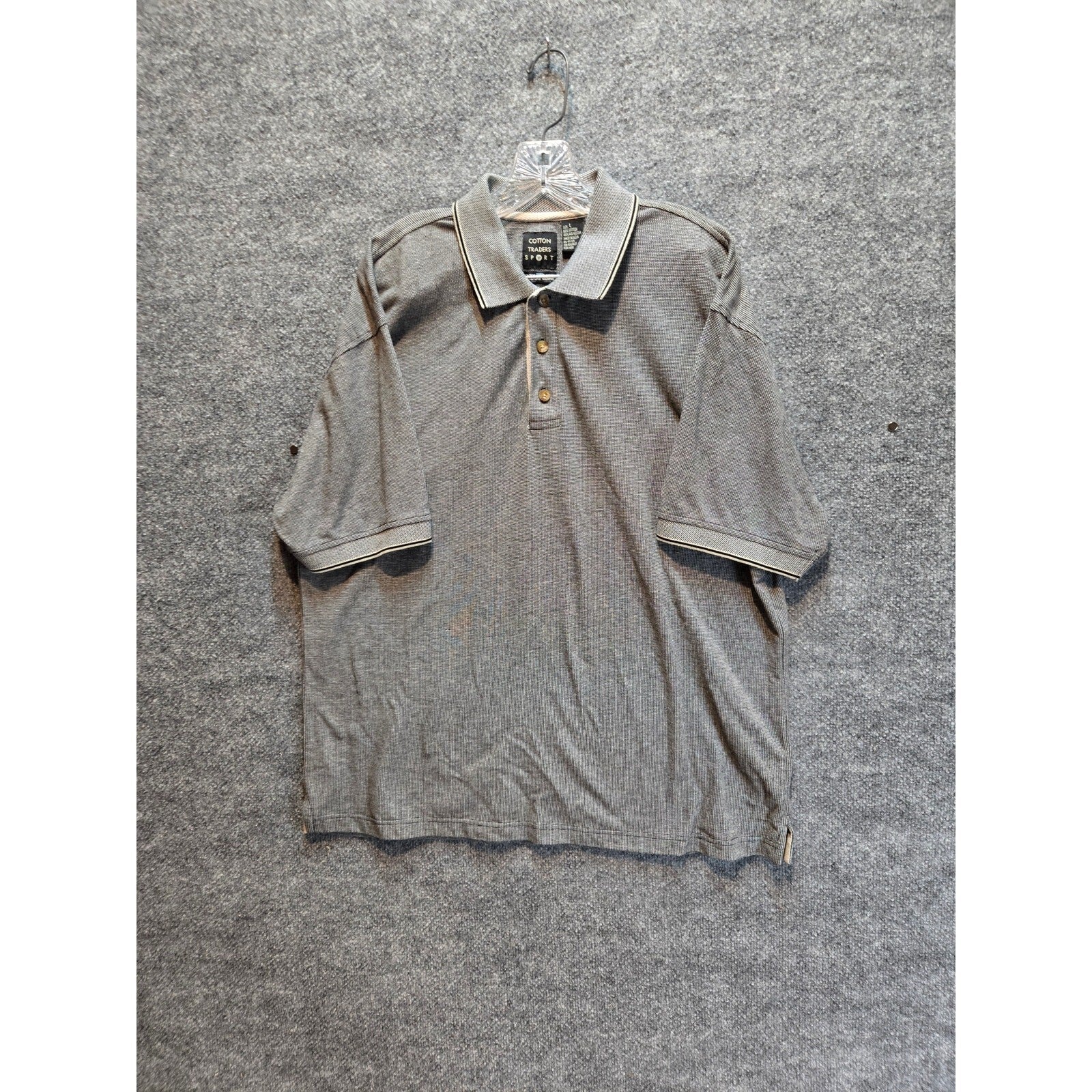 Cotton Traders Sport Men's L Grey Textured Striped Short Sleeve Golf Polo Shirt