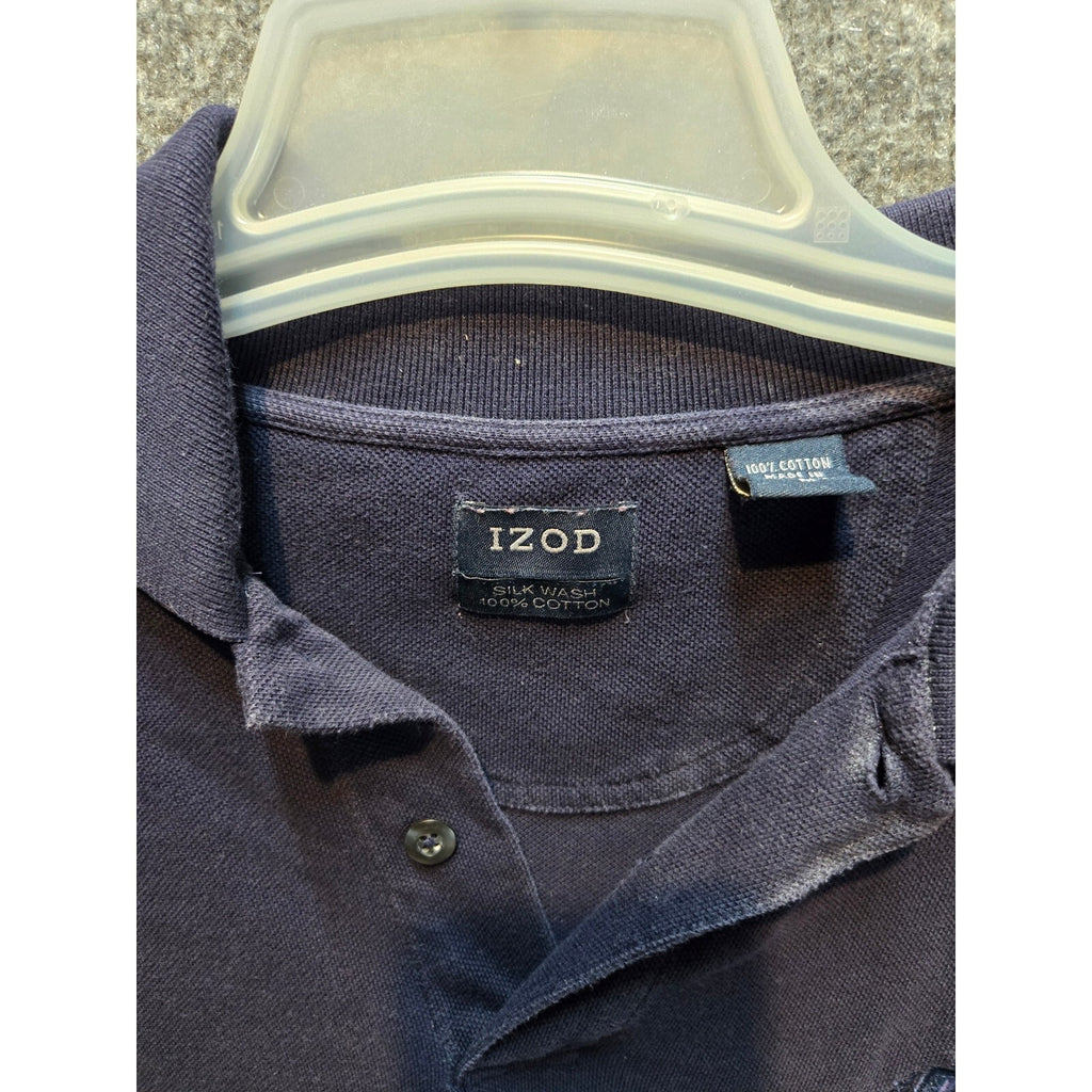 Izod Mens L Navy Blue Short Sleeve Polo Embroidered Crest Logo 2-Button