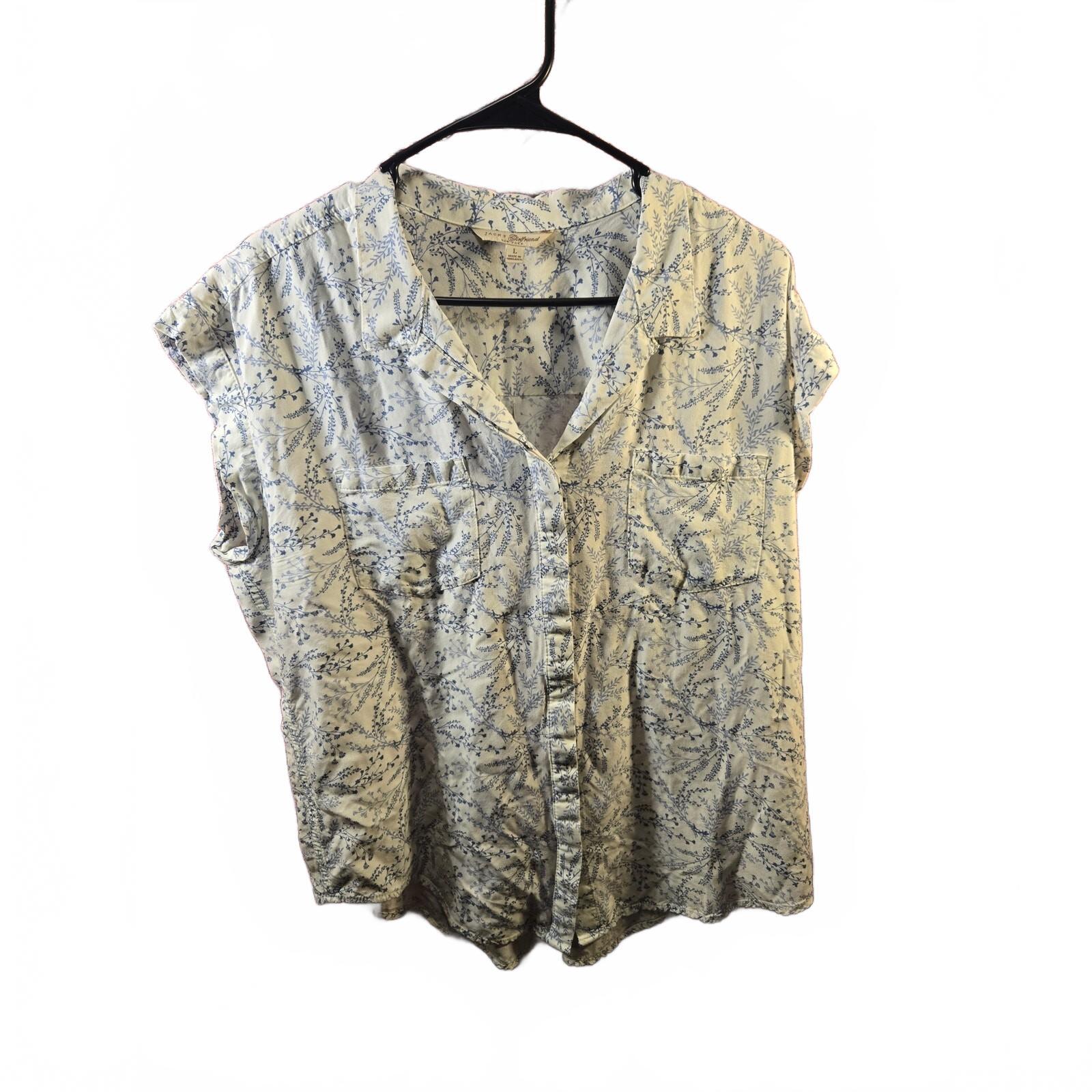 Jachs Girlfriend Womens LArge Blouse Blue Floral Botanical Button Up Shirt
