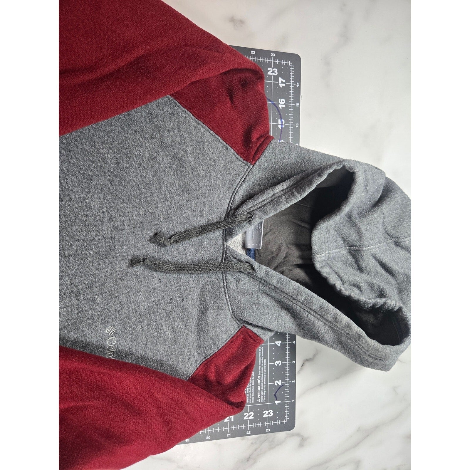 Columbia Men Hoodie Size Large Gray Maroon Pullover Raglan Fleece Sweatshirt