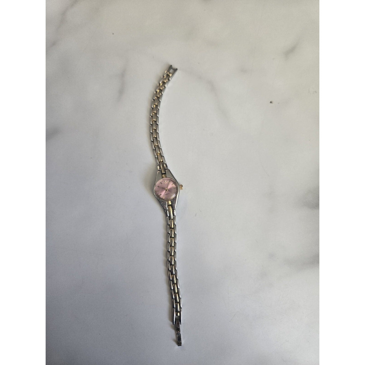 Wristwatch Silver & Gold Toned Link Band Round Pink Face Elegant