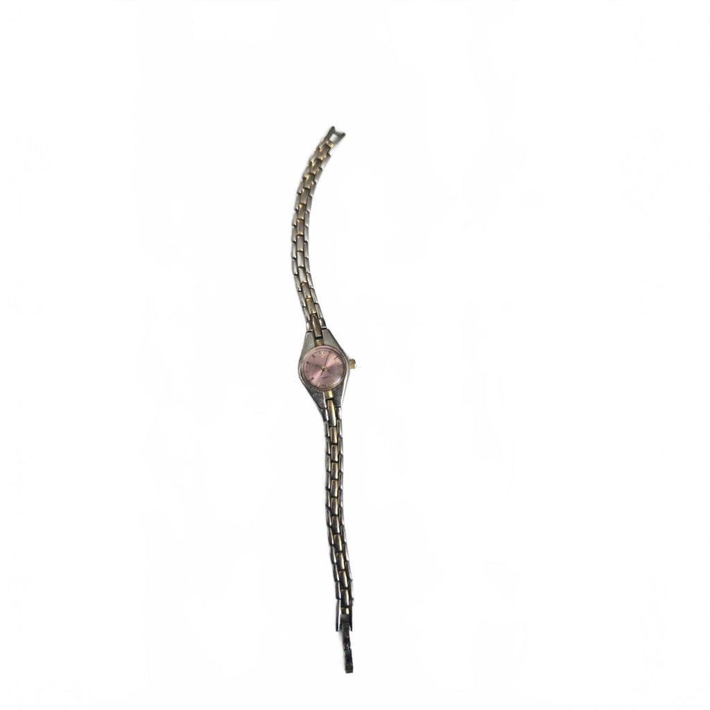 Wristwatch Silver & Gold Toned Link Band Round Pink Face Elegant