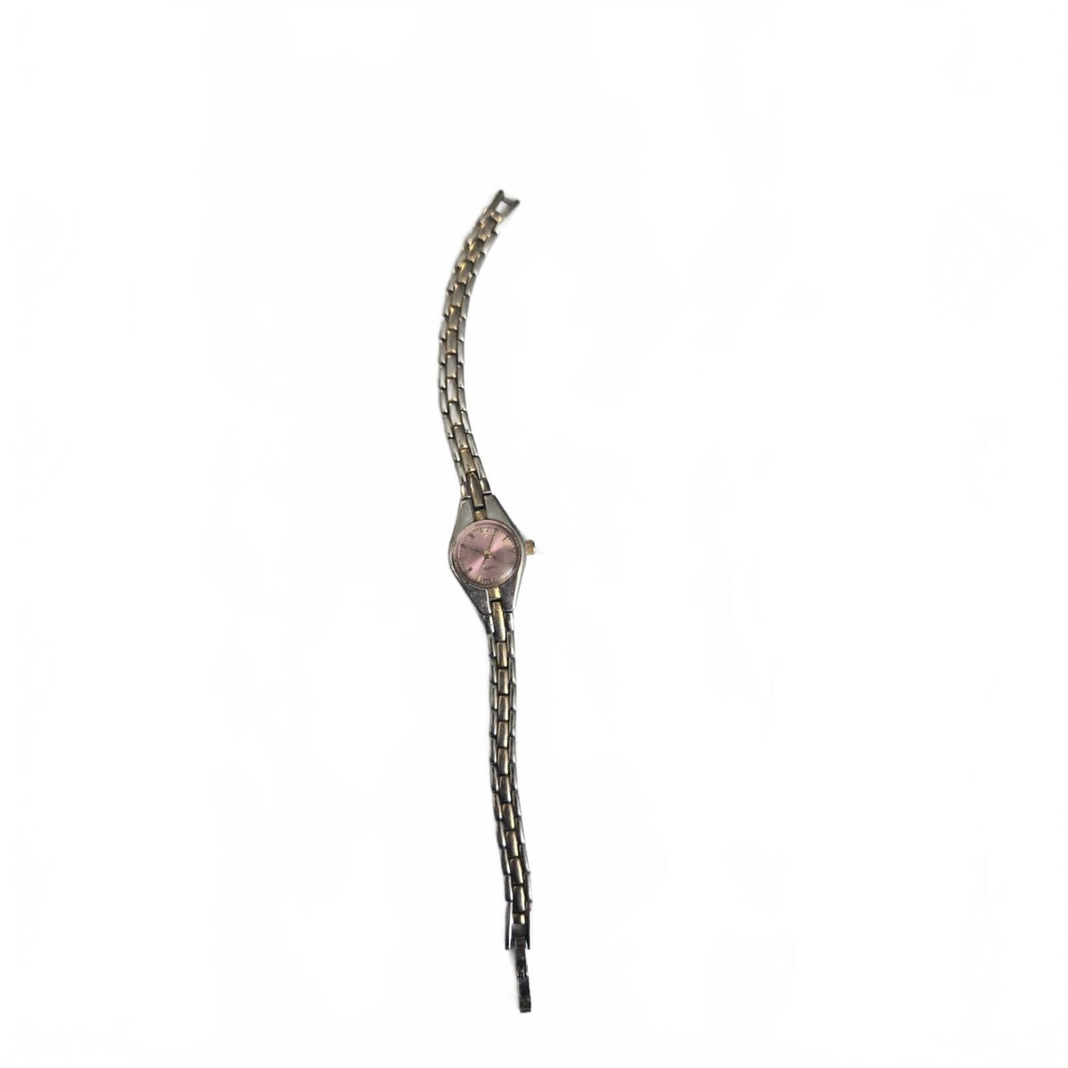 Wristwatch Silver & Gold Toned Link Band Round Pink Face Elegant