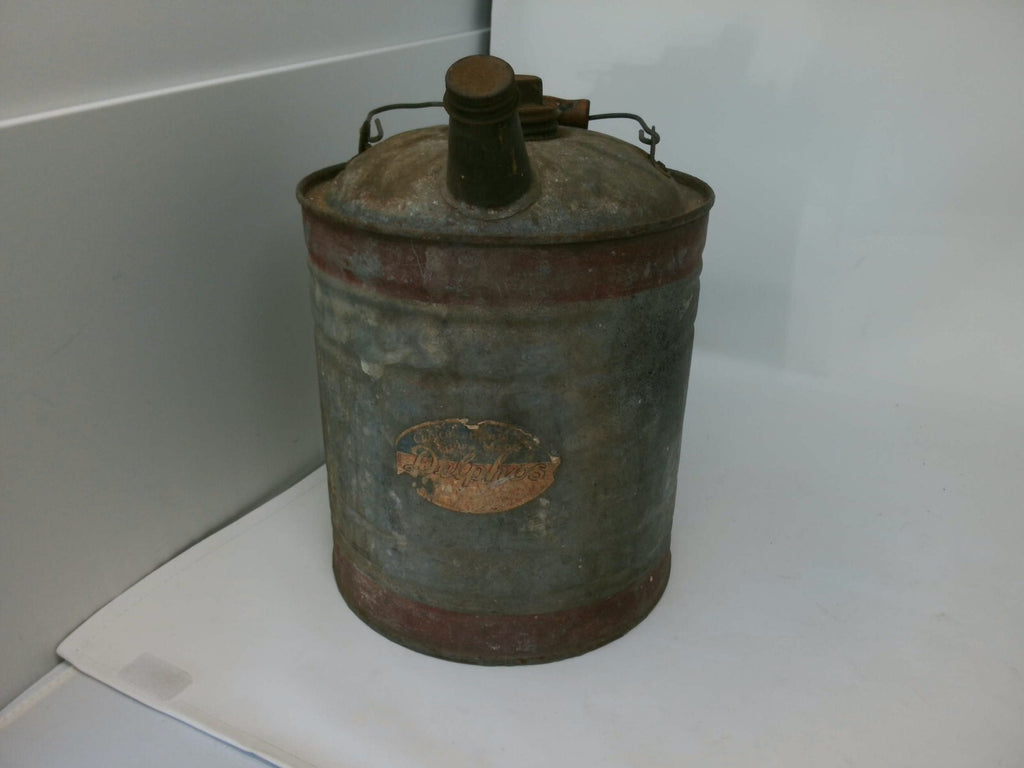 Delphos Metal Oil Can with Wooden Handle - Rustic Gray and Brown Collectible
