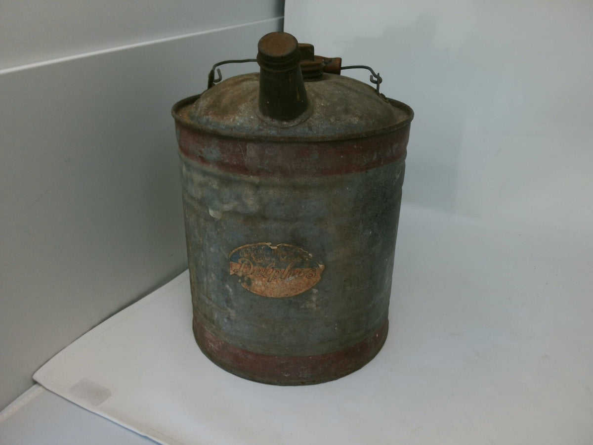 Delphos Metal Oil Can with Wooden Handle - Rustic Gray and Brown Collectible