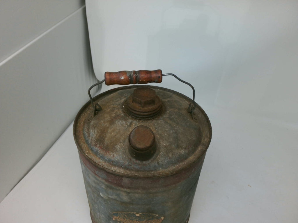 Delphos Metal Oil Can with Wooden Handle - Rustic Gray and Brown Collectible