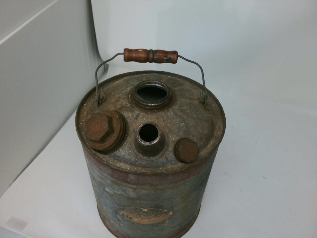 Delphos Metal Oil Can with Wooden Handle - Rustic Gray and Brown Collectible