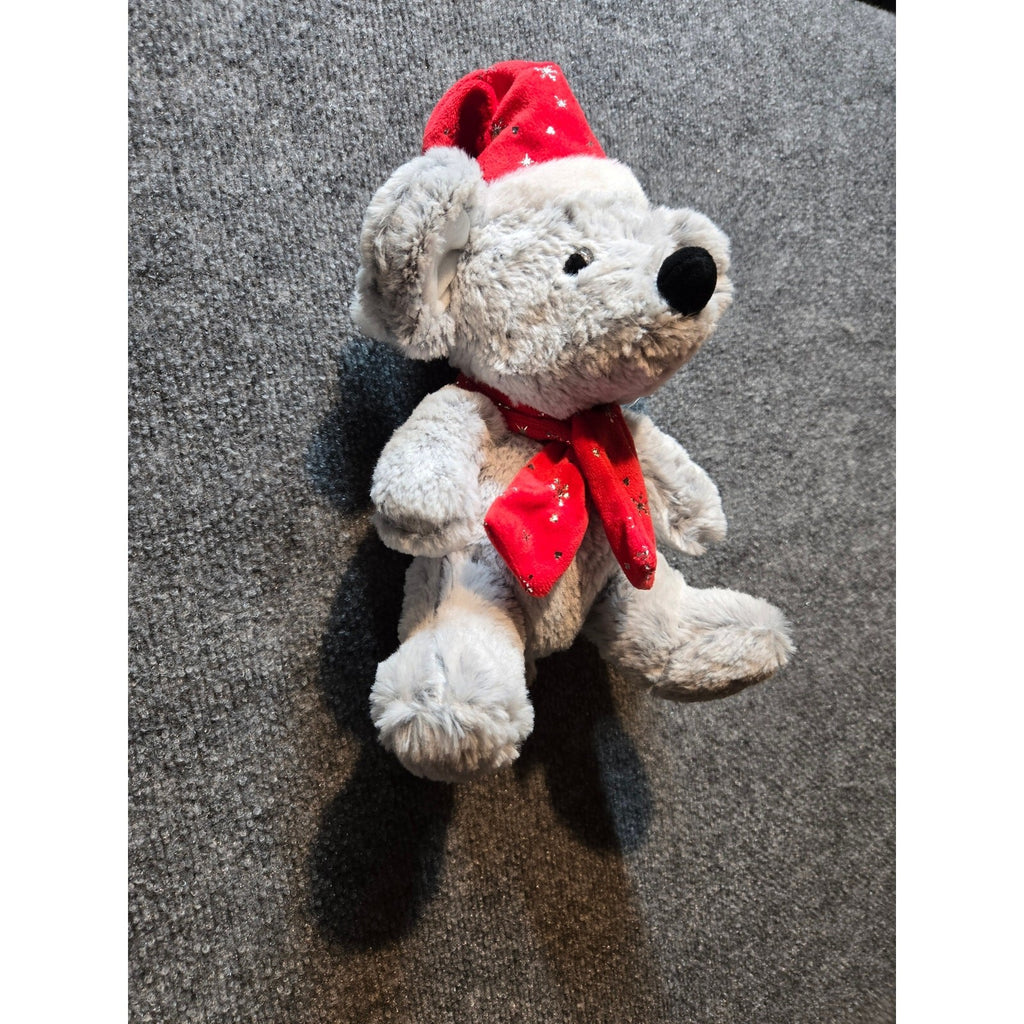 Vintage Gray Christmas Mouse Plush Stuffed Animal Red Santa Hat & Scarf Holiday