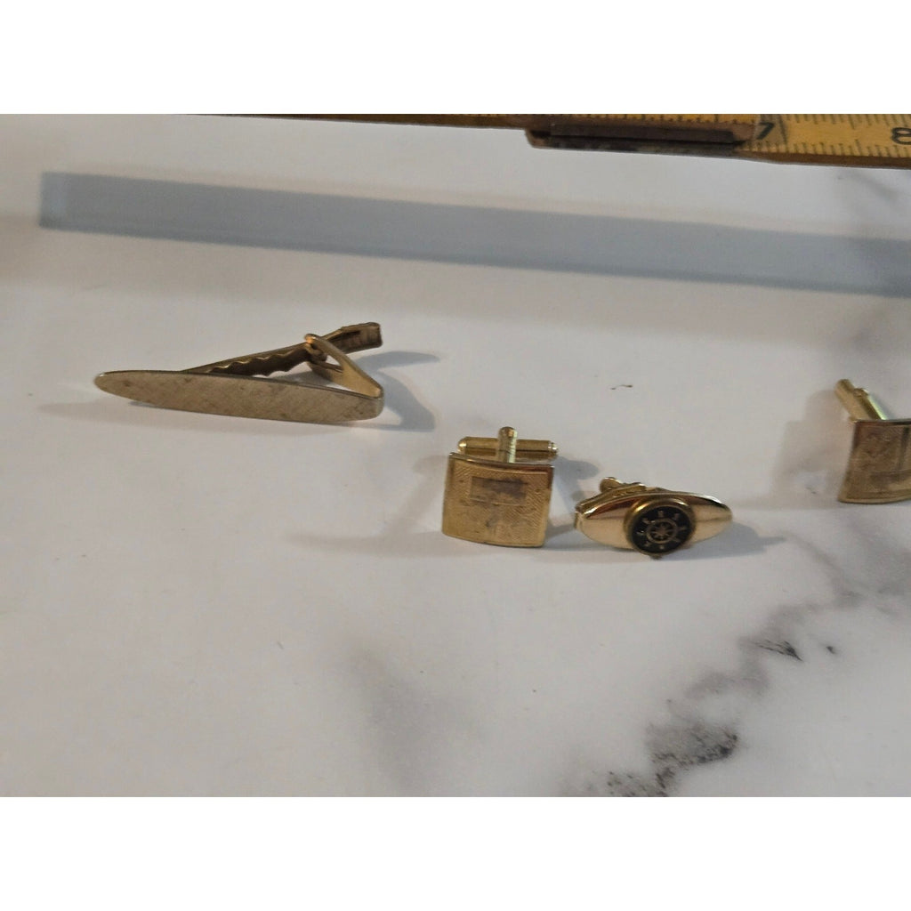 Vintage Mid-Century Brushed Gold Tone Cufflinks and Tie Clip Set