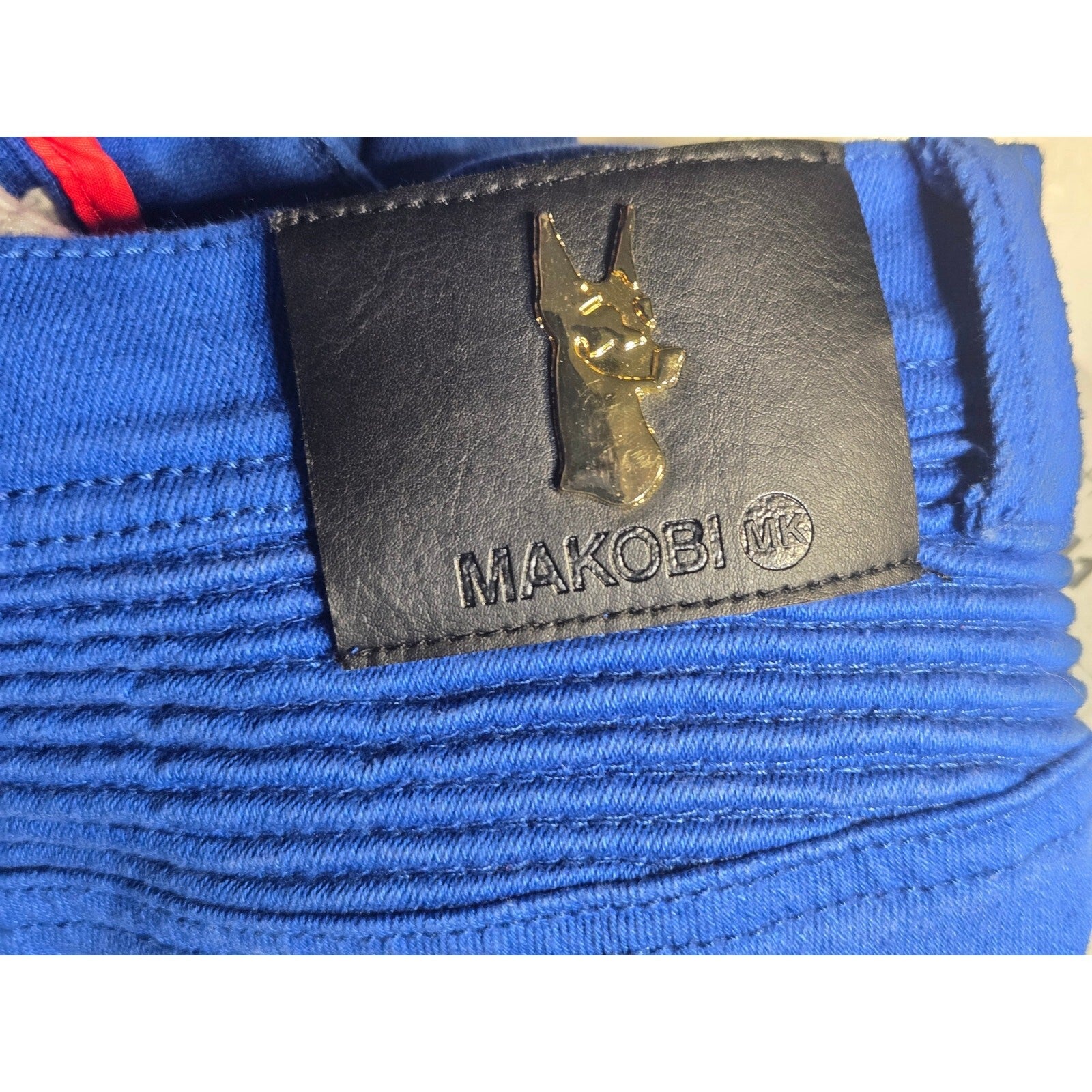 Makobi Biker Denim Royal Blue Heavily Distressed Mens Jeans Size 36 Blue