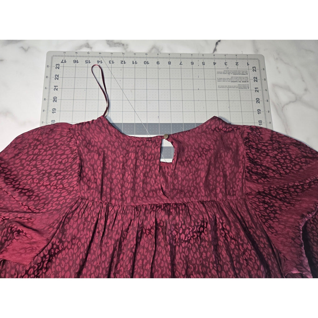 Ophelia Roe Medium Burgundy Babydoll Blouse with Leopard Print