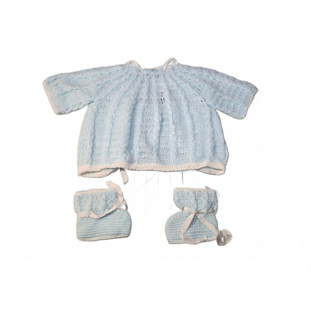 Vintage Handmade In Korea Baby Sweater And Booties set Blue And White