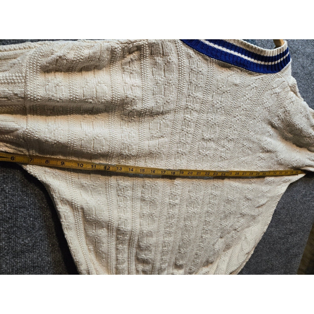 VTG 1990s Nutmeg Mills Varsity Cable Knit Tennis Sweater V-Neck Cream  L/XL
