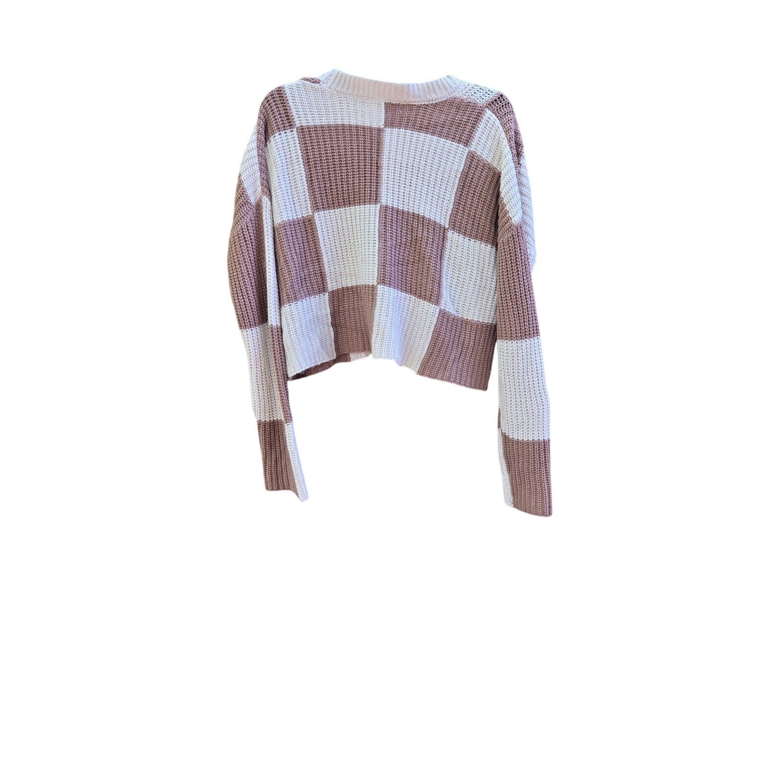 Moon & Madison Women's Medium Checkered Cropped Sweater Beige Brown