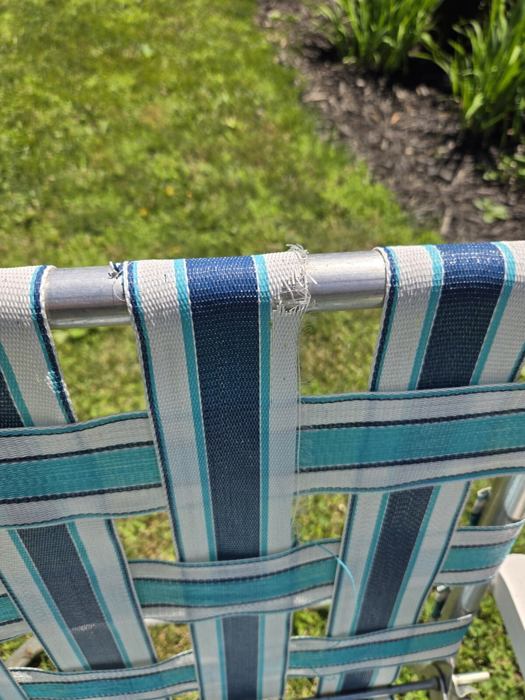 Sunbeam Chair Vintage Aluminum Folding Beach Lawn Patio blue and  white webbed