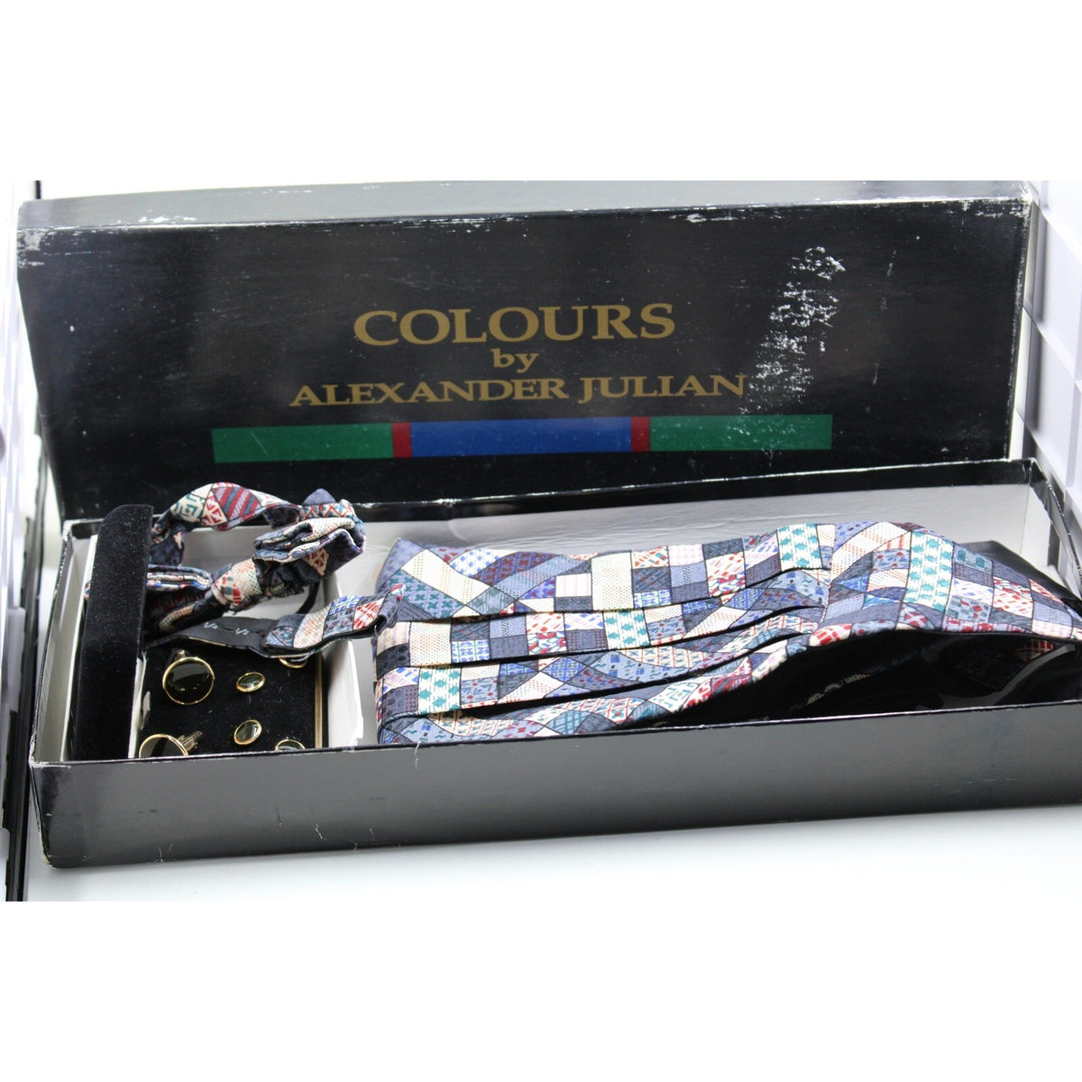 Vintage 1980s Alexander Julian Chapel Hill Multi-Color Silk Cummerbund and Bow T