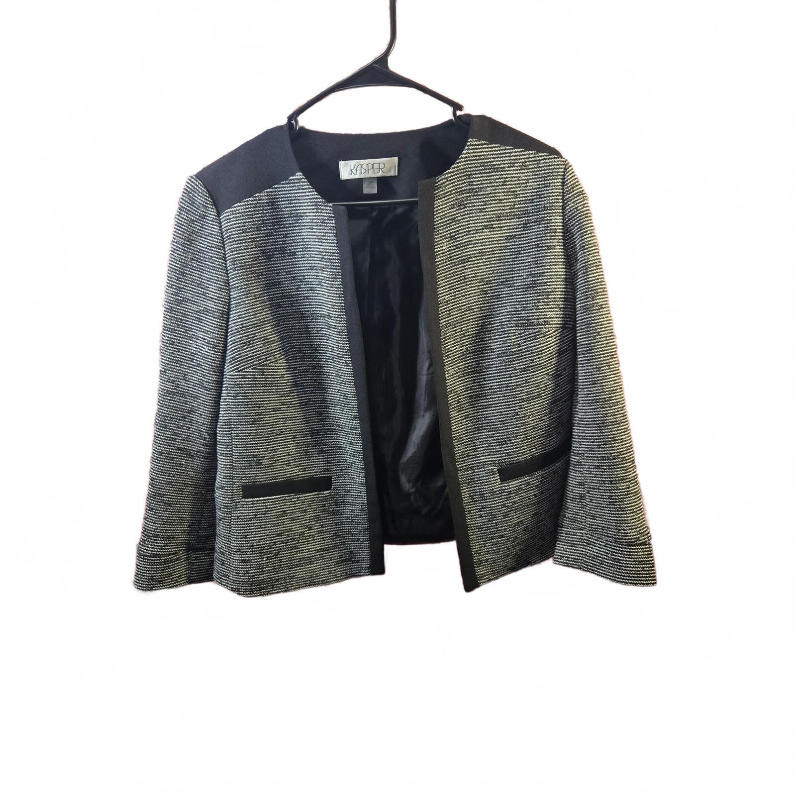 Kasper Womens ToP Black and White Tweed Open Front Collarless Blazer Yoke Combo