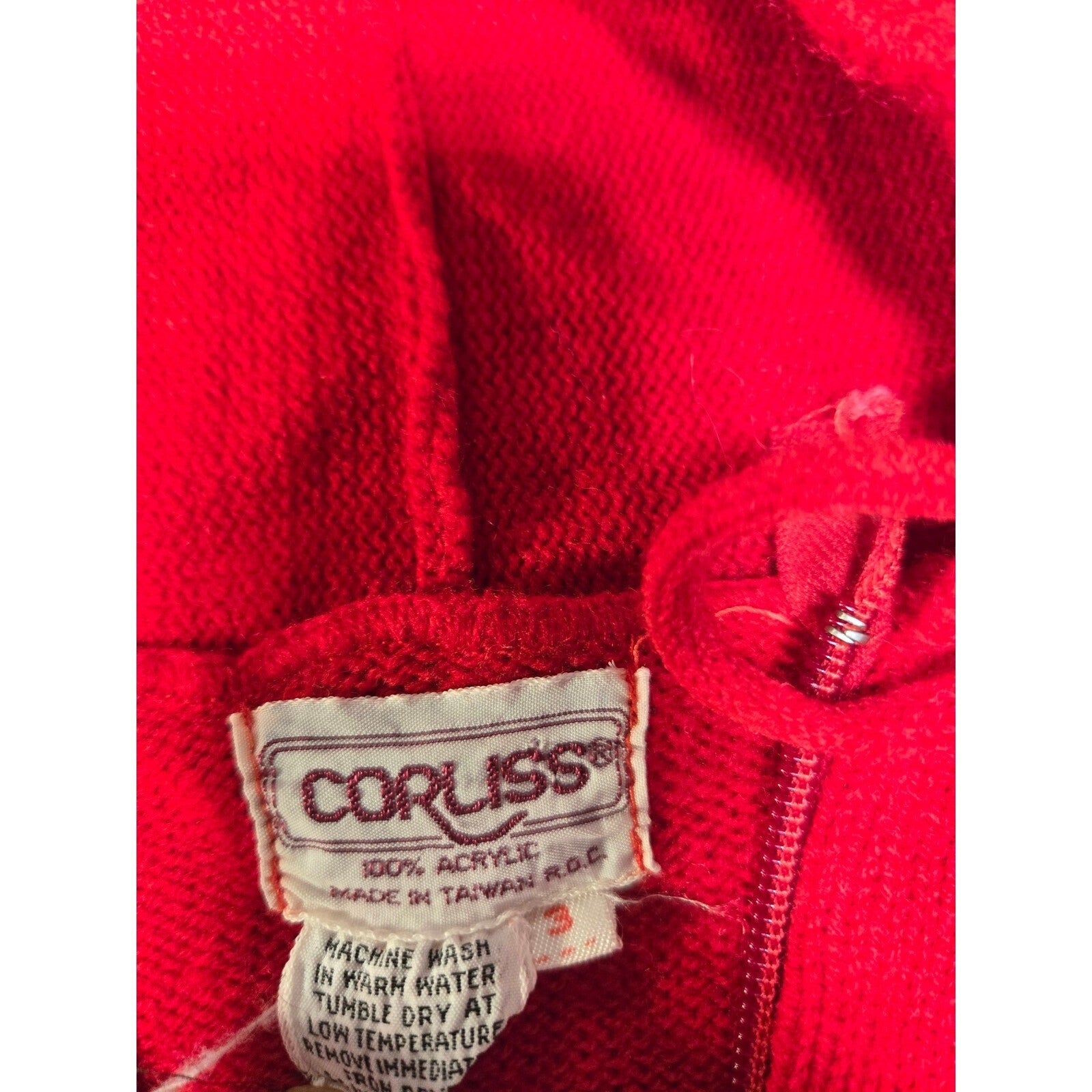 Vintage 70s 80s Corliss Red Acrylic Hooded zipped sweater size 3