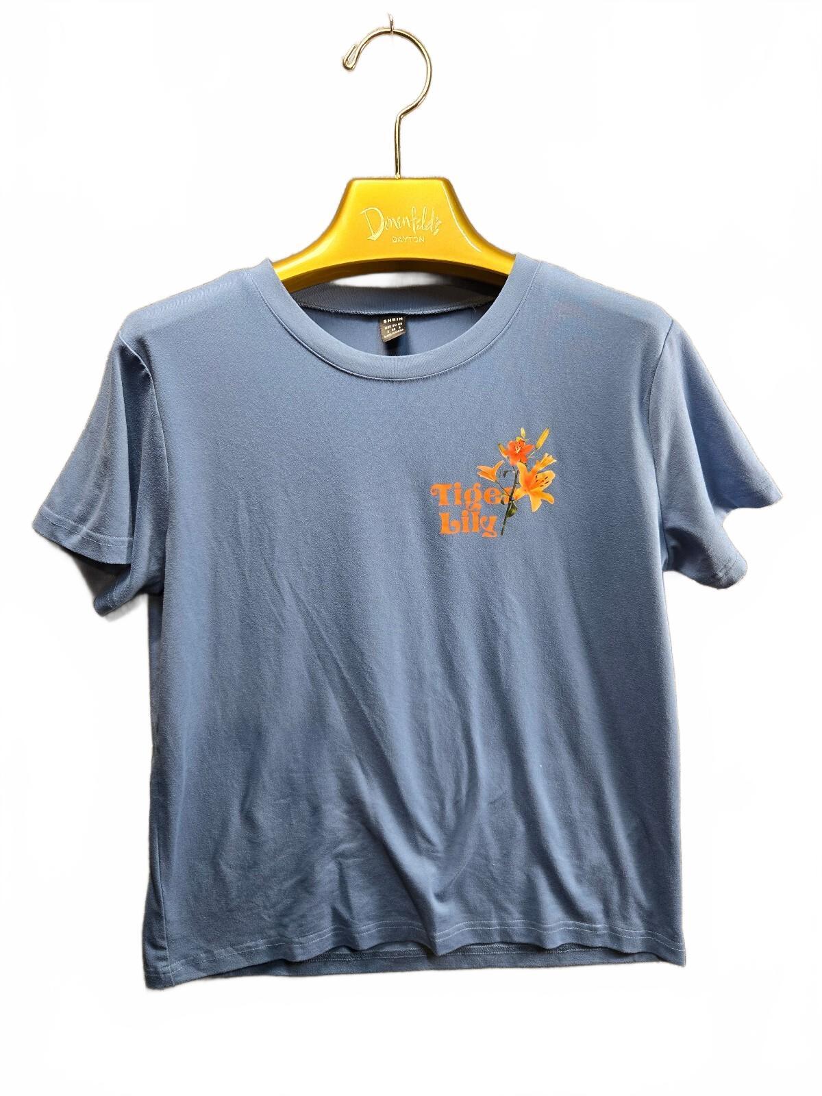 SHEIN Women's Size Small Slate Blue Tiger Lily Graphic Cropped T-Shirt
