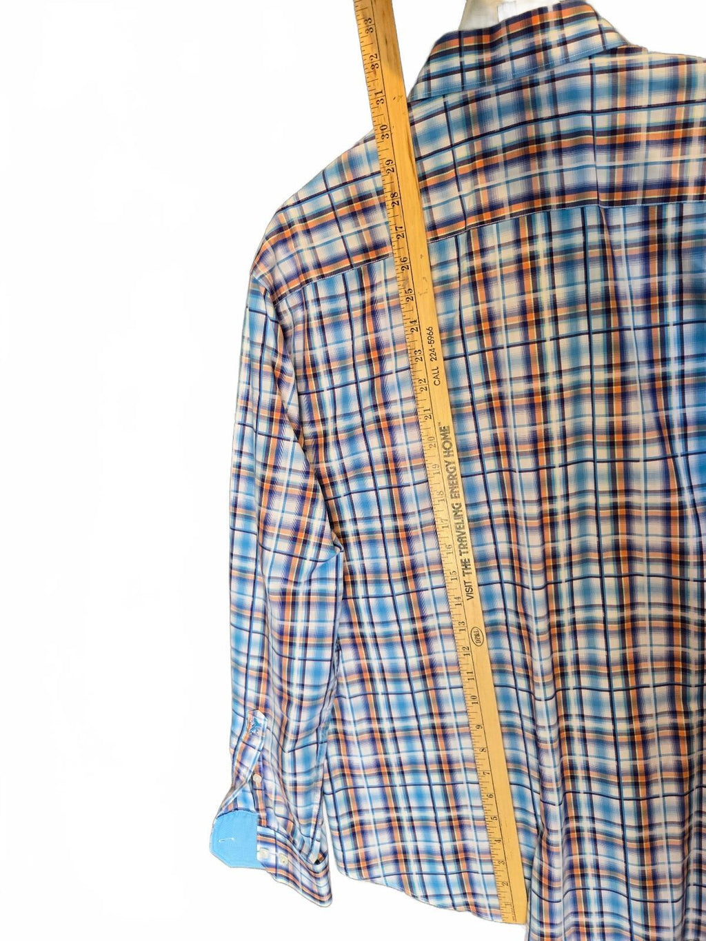 Bugatchi Uomo Mens Long Sleeve Plaid Sport Shirt Blue Orange White Flip Cuff Lrg