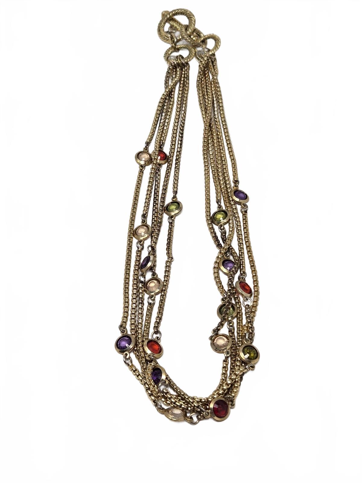 Vintage Gold-Tone Multi-Strand Chain Necklace with Multi-Color Bezel-Set