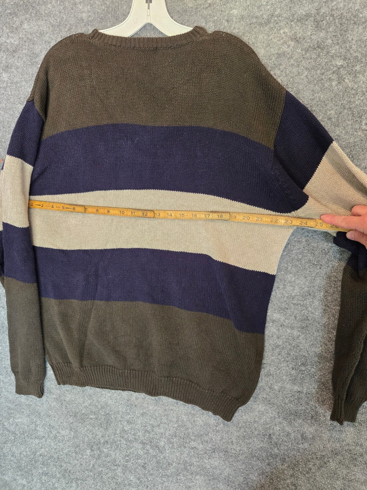 Vintage Izod Crest Logo Sweater Olive Green Navy Tan Block Stripe Grandpa 1990s