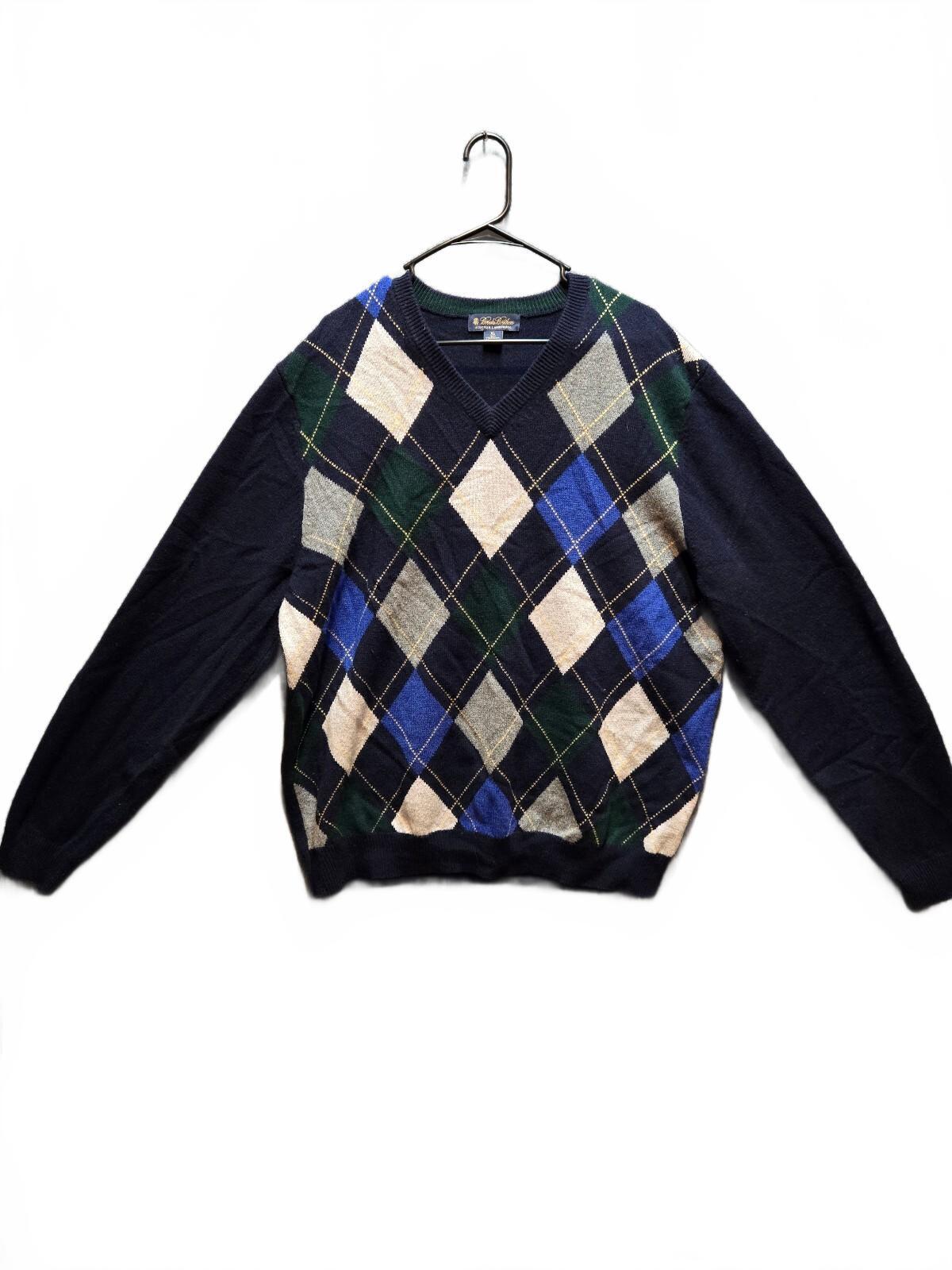 Brooks Brothers Men's XL Navy Argyle V-Neck Sweater 100% Scottish Lambswool