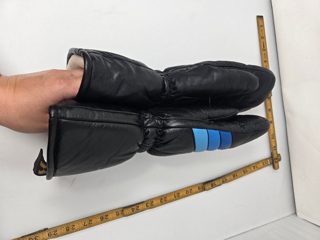 Vintage Kombi Black Leather Ski Mittens Retro Blue Stripes Women's Large