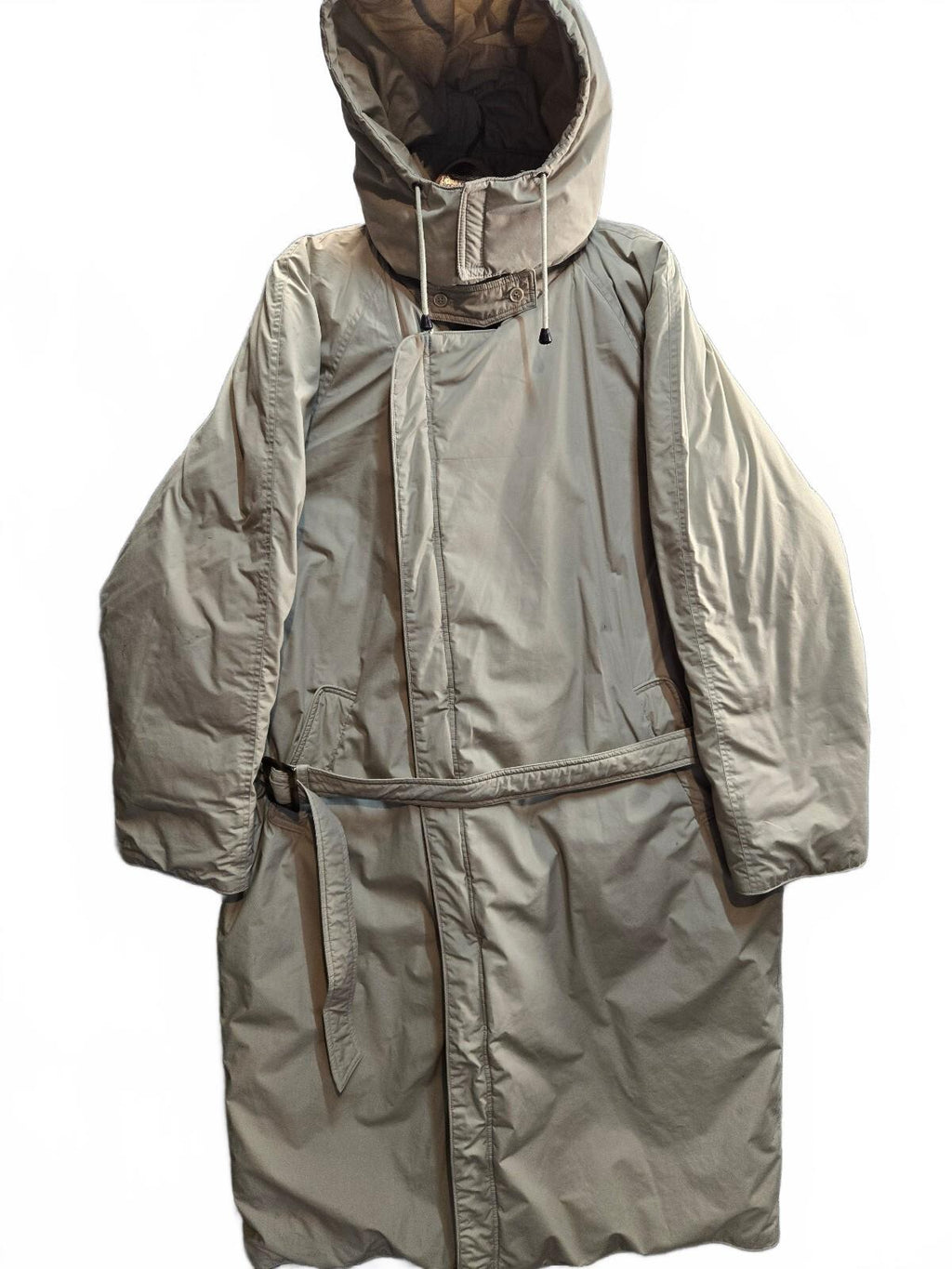 Long Beige Hooded Winter Coat with Belt Large