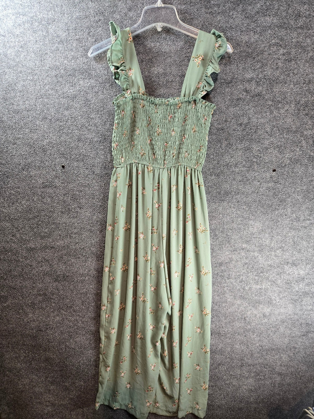 Floral Smocked Bodice Ruffle Strap Wide Leg Jumpsuit Sage Green