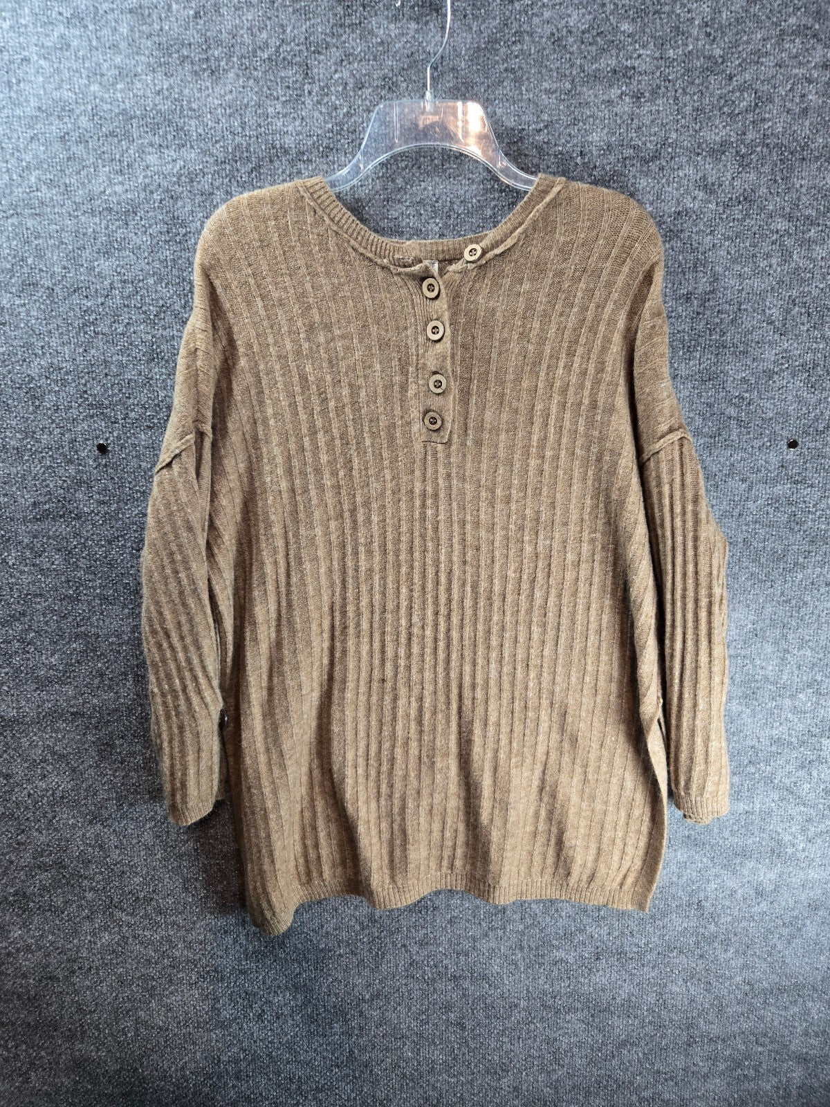 Intimately Free People Around The Clock Ribbed Knit Button Cuff Tunic Sweater Camel XS