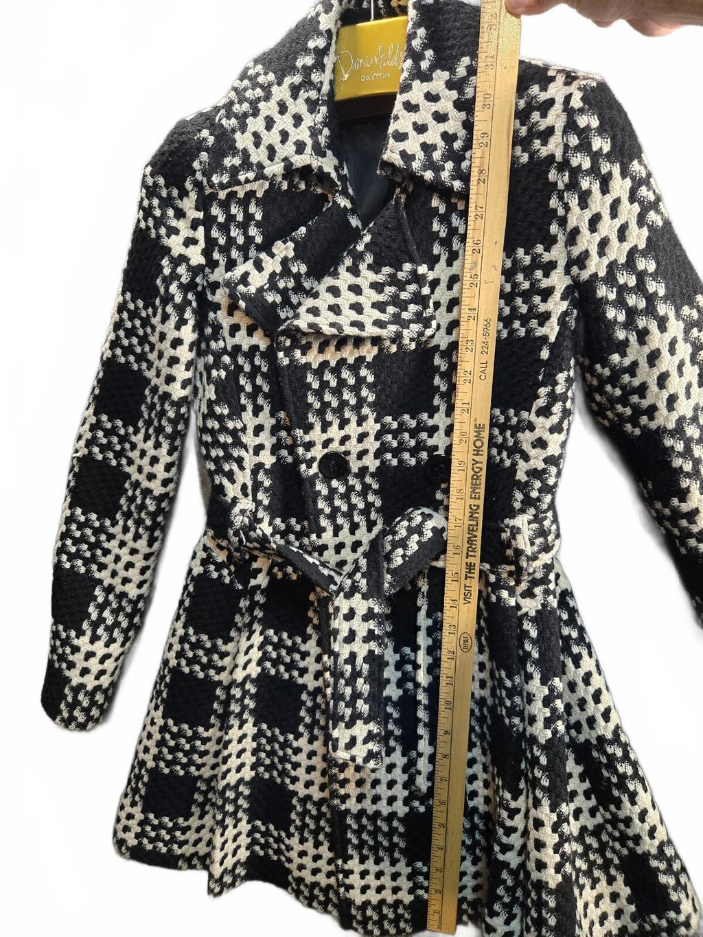 Via Spiga Black White Plaid Boucle Wool Blend Belted Trench Coat Jacket Size 4