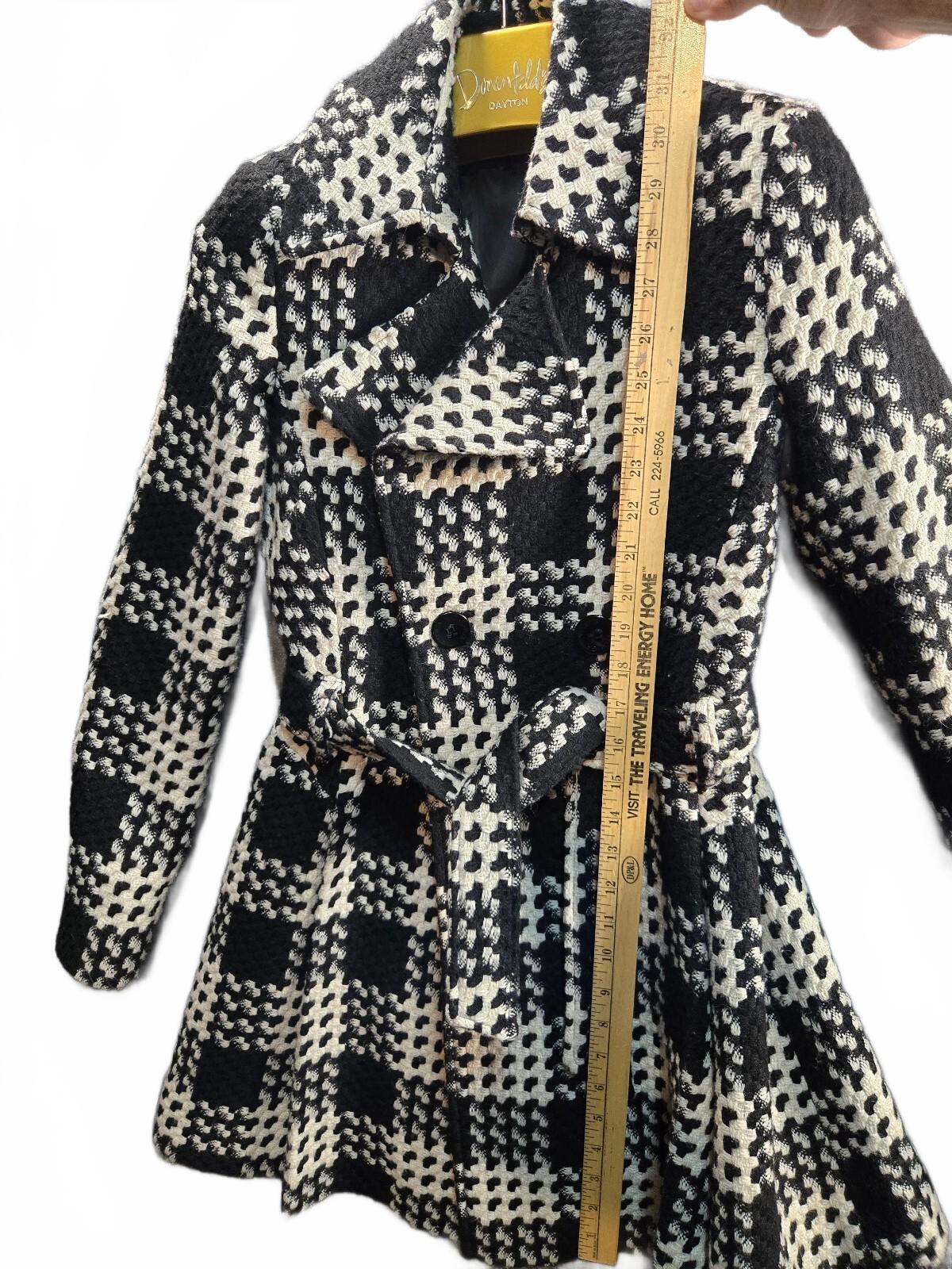 Via Spiga Black White Plaid Boucle Wool Blend Belted Trench Coat Jacket Size 4