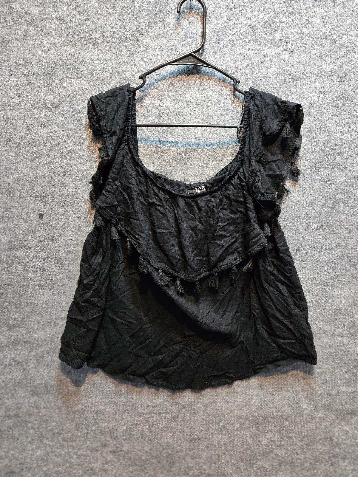 a.n.a Black Boho Ruffle Overlay Flutter Sleeve Blouse Top Tassel Trim XL