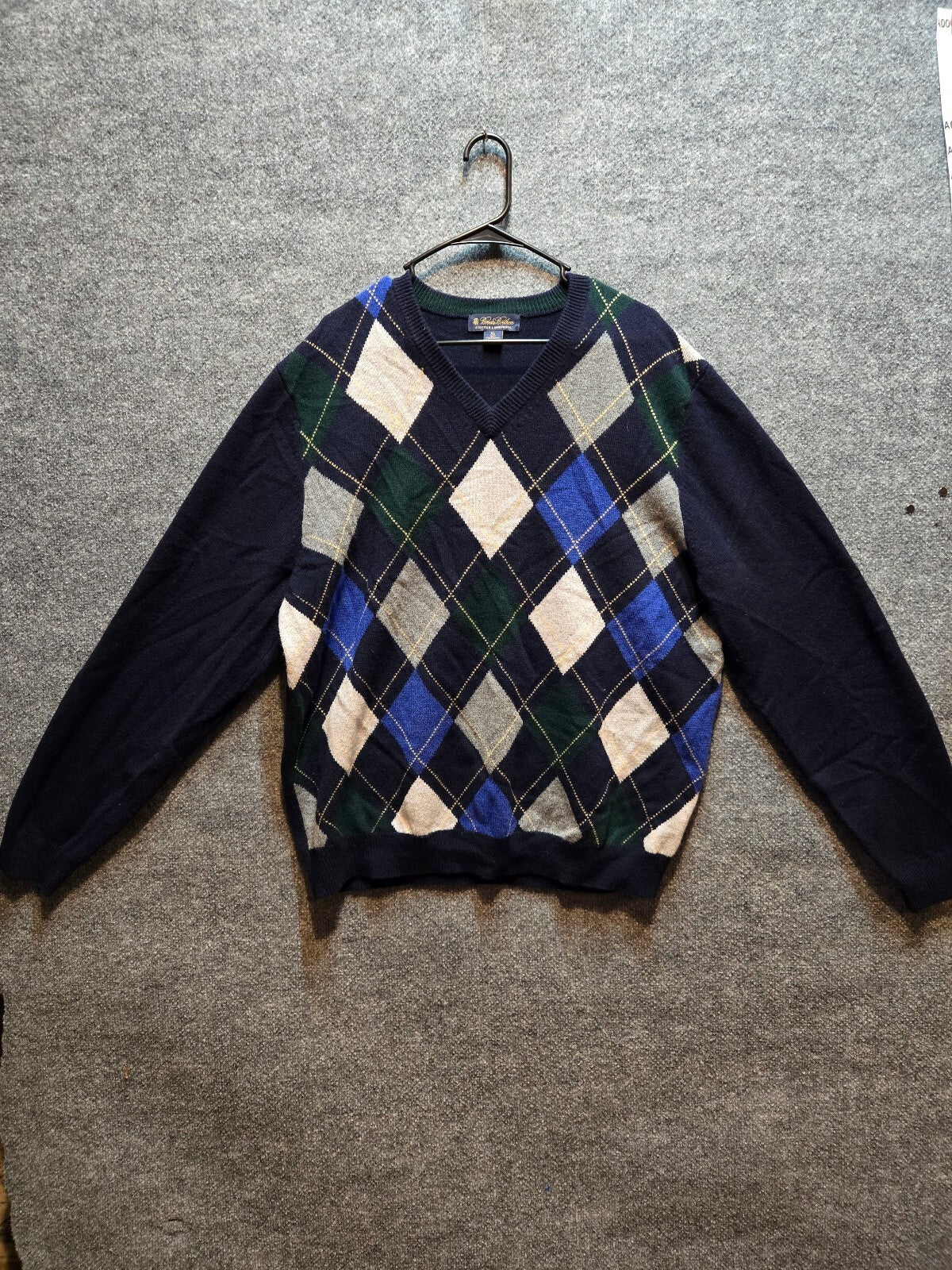 Brooks Brothers Men's 100% Scottish Lambswool Argyle V-Neck Sweater Navy XL