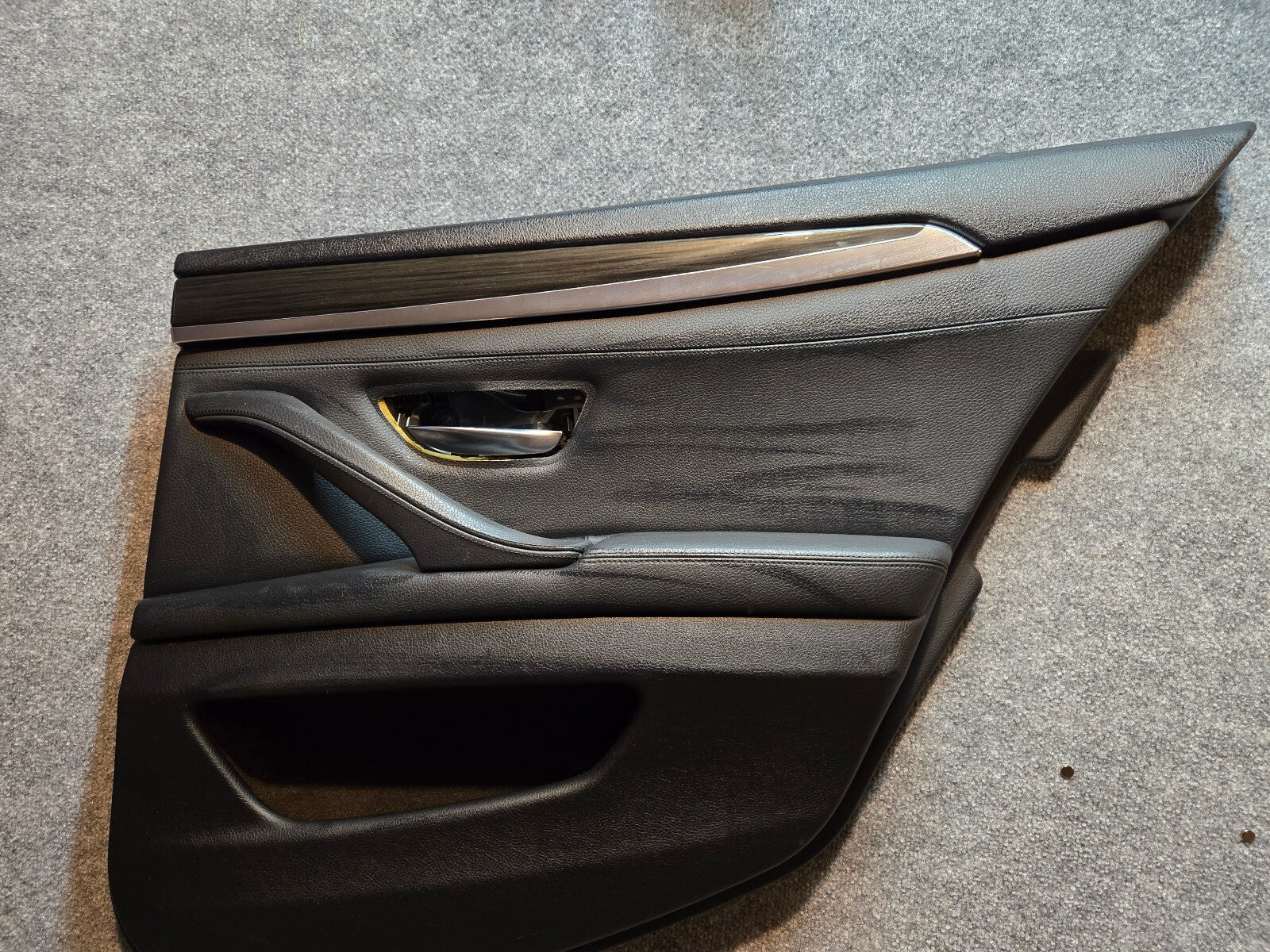 11-16 BMW 5-Series F10 Rear Left Interior Door Panel Black Leather Ash Wood Trim - MISSING HANDLE BEZEL