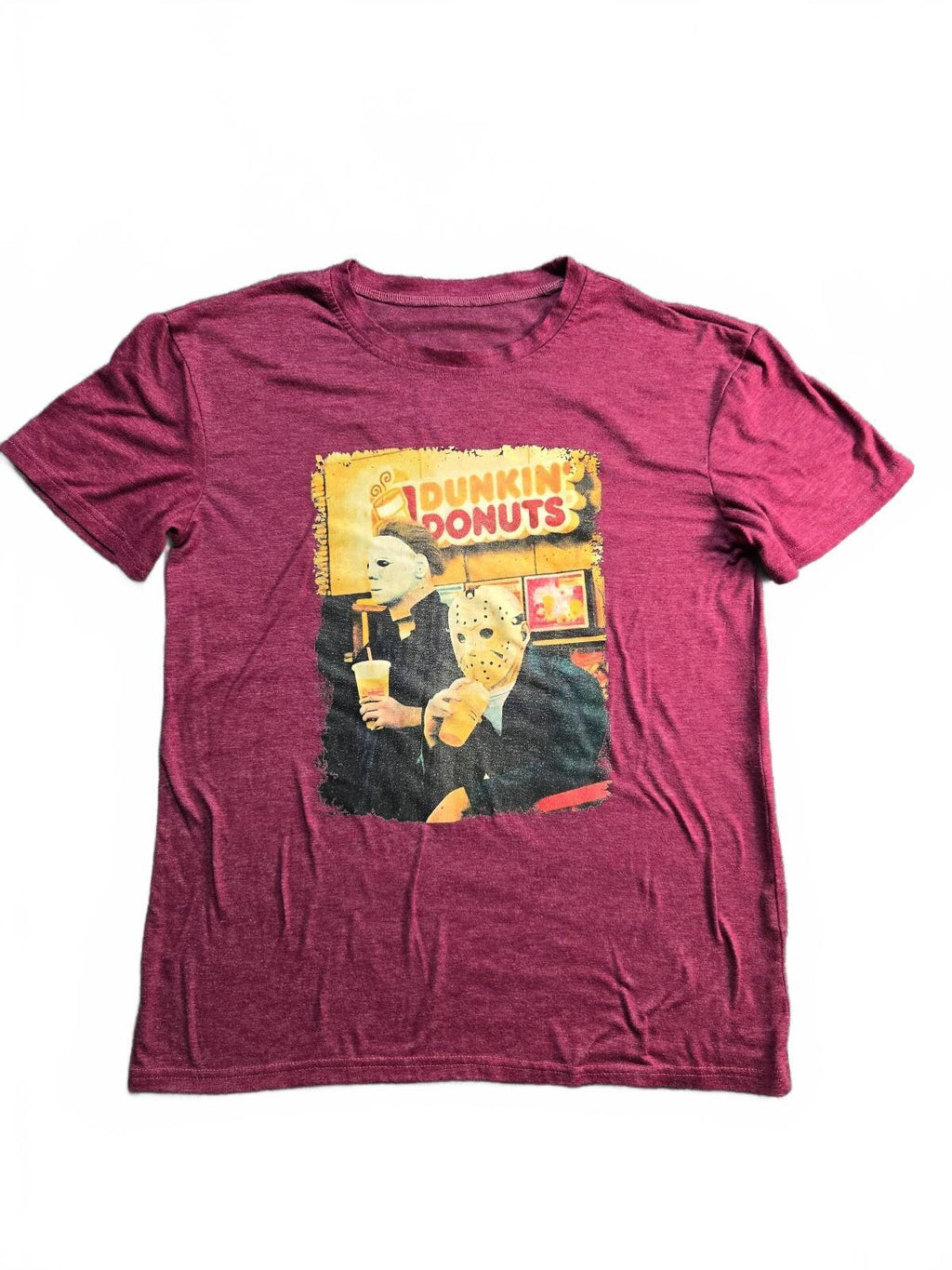 Halloween Horror Dunkin Donuts Parody Tee Michael Myers Jason Voorhees Maroon