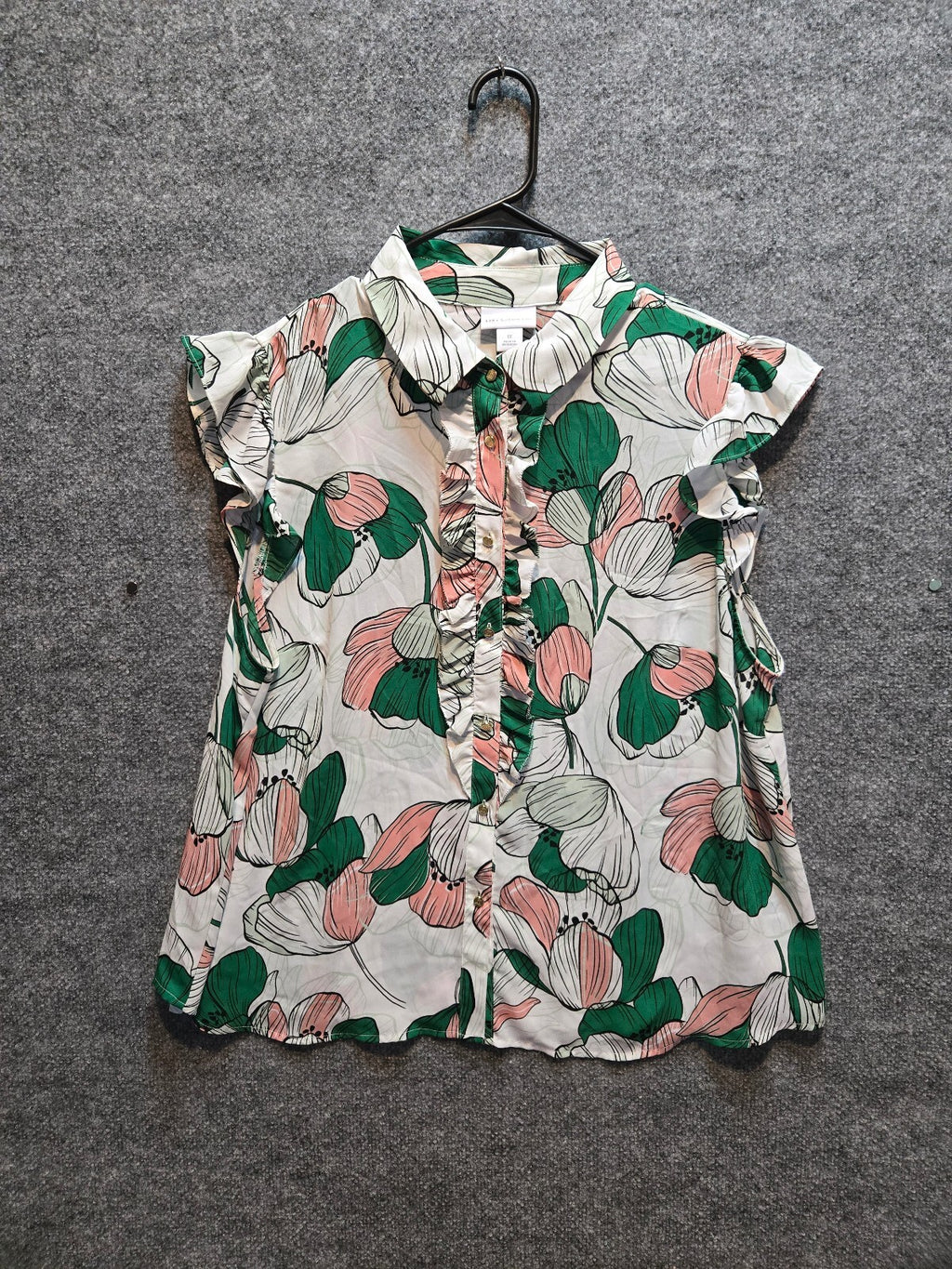 Liz Claiborne Floral Ruffle Button Down Blouse Top Pink Green Plus Size 1X