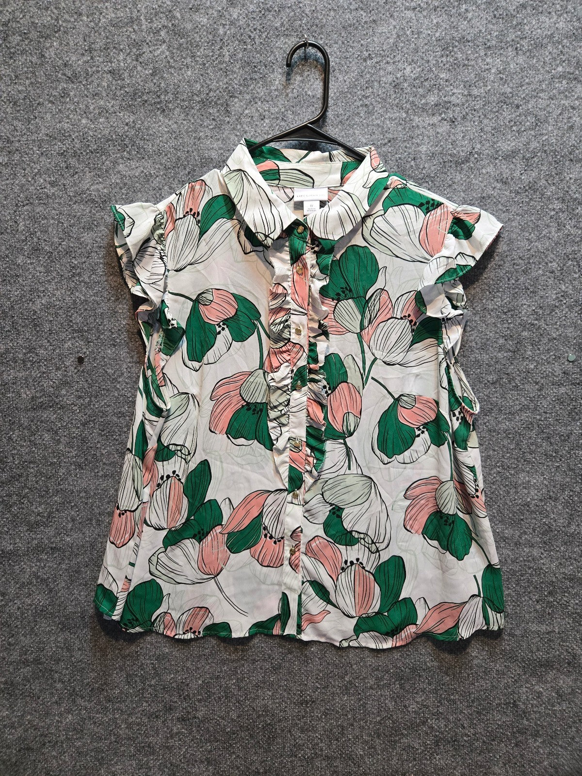 Liz Claiborne Floral Ruffle Button Down Blouse Top Pink Green Plus Size 1X