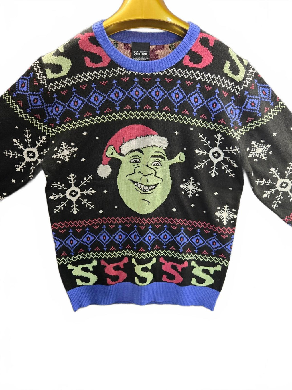DreamWorks Shrek Santa Hat Ugly Christmas Sweater Mens Size M Black Knit Fair
