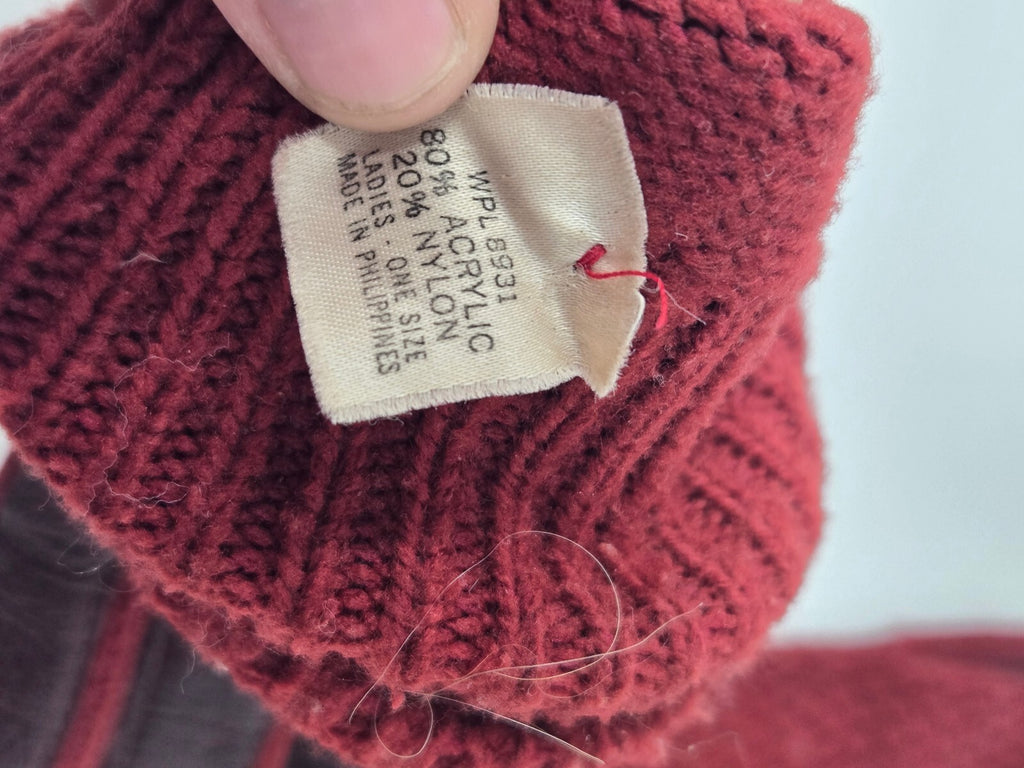 Vintage Maroon Knit Gloves Genuine Leather Palms WPL 6931 Ladies One Size