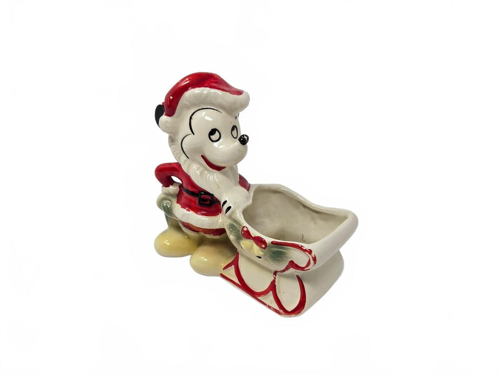 Ceramic Mickey Mouse Santa In Red Suit Riding In A Matching Christmas Sleigh