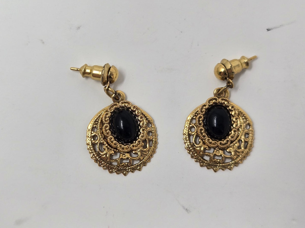 Vintage Gold-Tone Ornate Filigree Dangle Post Earrings with Oval Black Cabochons