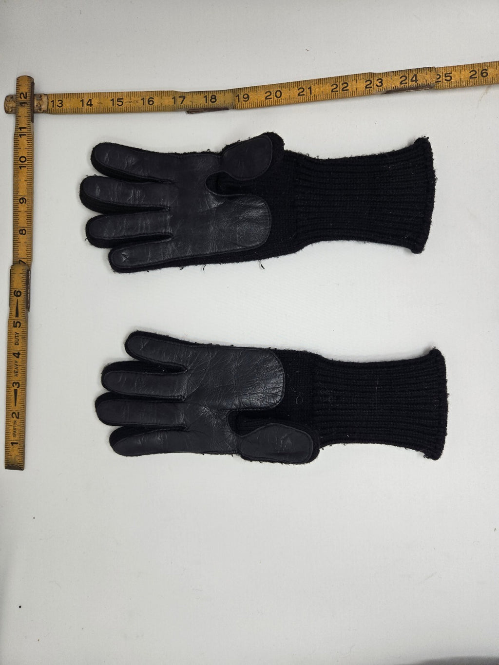 Vintage Aris Black Knit Gloves Leather Palm Driving Long Ribbed Cuff OSFM