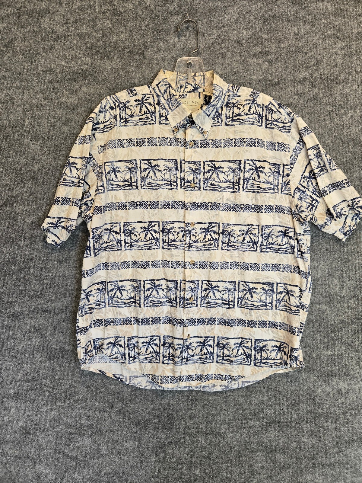 Crossings Men's Hawaiian Shirt Short Sleeve Palm Tree Block Print Blue Beige Lrg