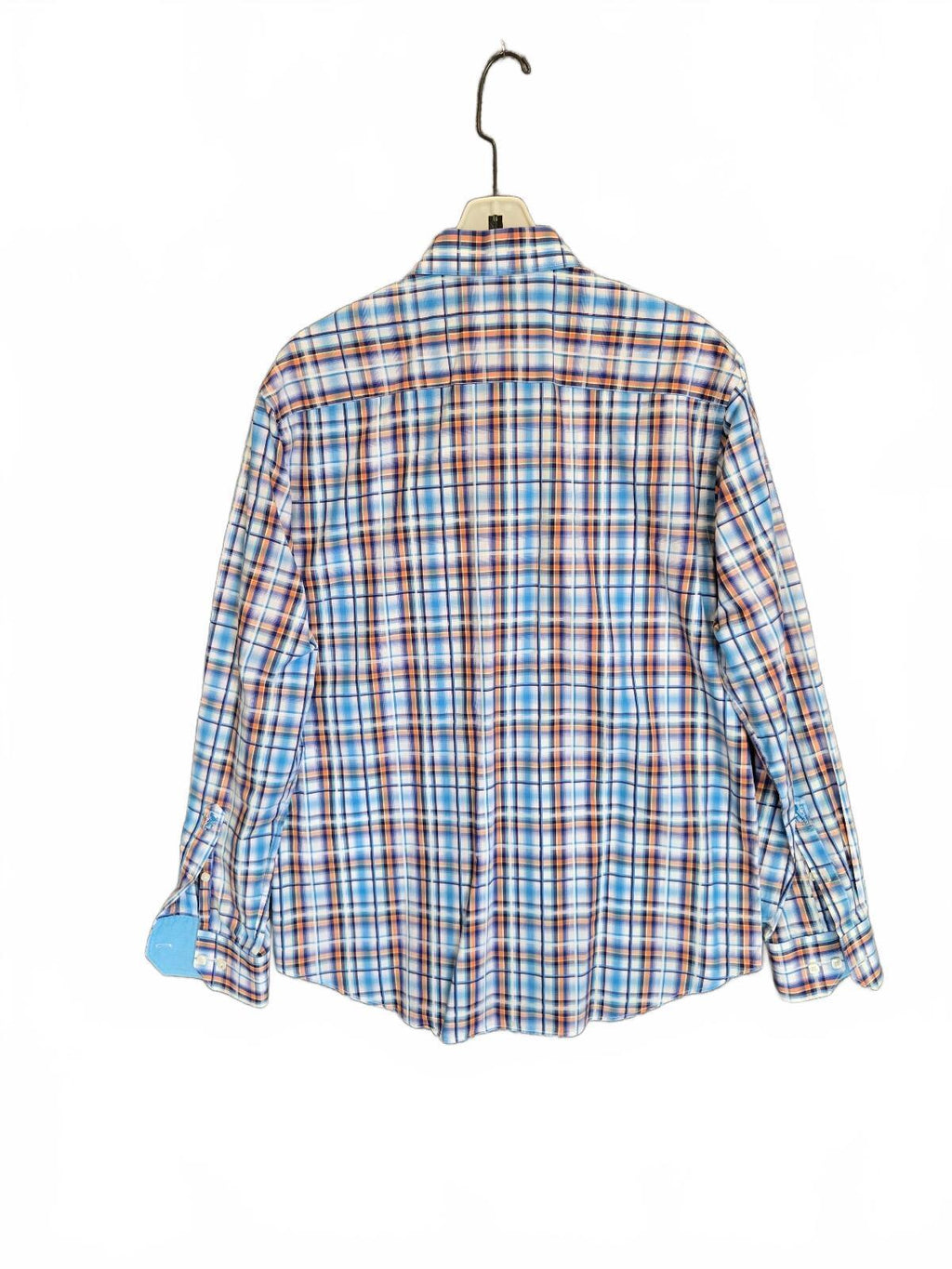 Bugatchi Uomo Mens Long Sleeve Plaid Sport Shirt Blue Orange White Flip Cuff Lrg