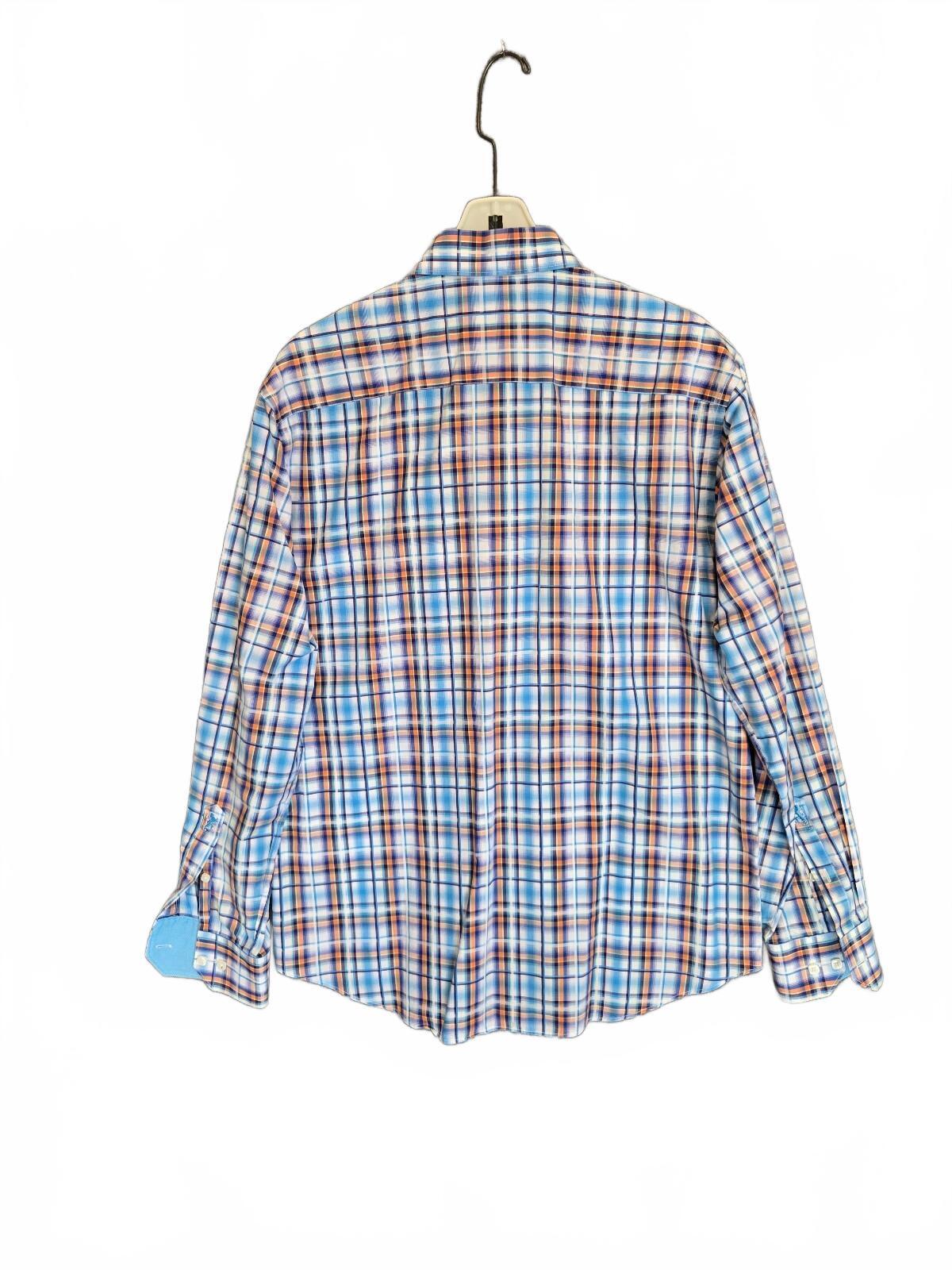 Bugatchi Uomo Mens Long Sleeve Plaid Sport Shirt Blue Orange White Flip Cuff Lrg