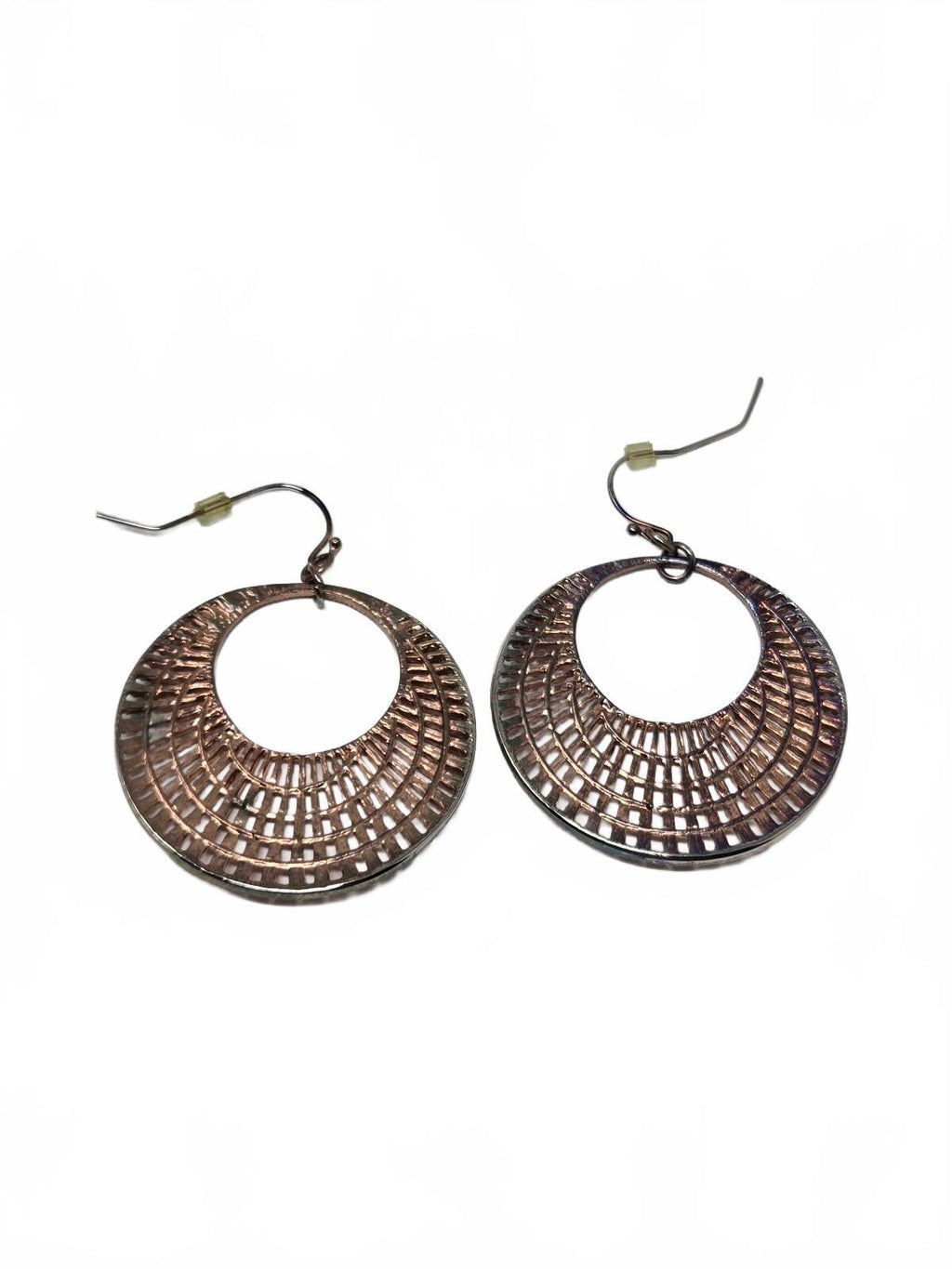 Vintage Antiqued Copper-Tone open Crescent Grid Filigree Hoop Dangle Earrings