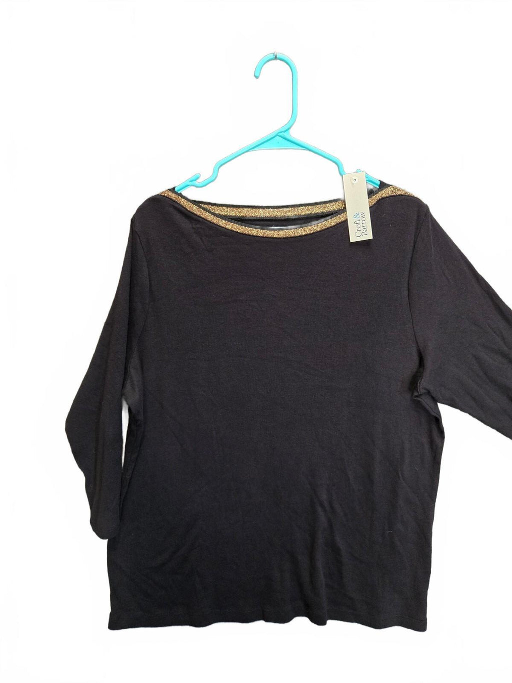 NWT Croft & Barrow Black Knit Blouse Gold Trim Boat Neck Top Size XXL